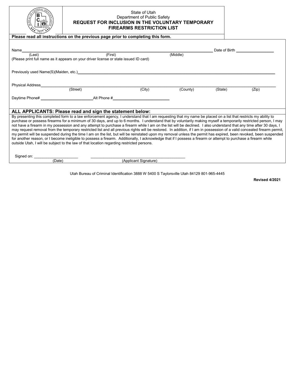 Request for Inclusion in the Voluntary Temporary Firearms Restriction List - Utah, Page 2