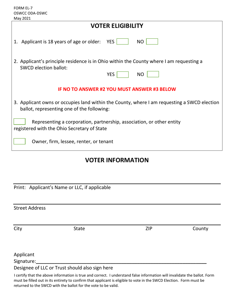 Form EL-7 Voter Verification Form - Ohio, Page 1