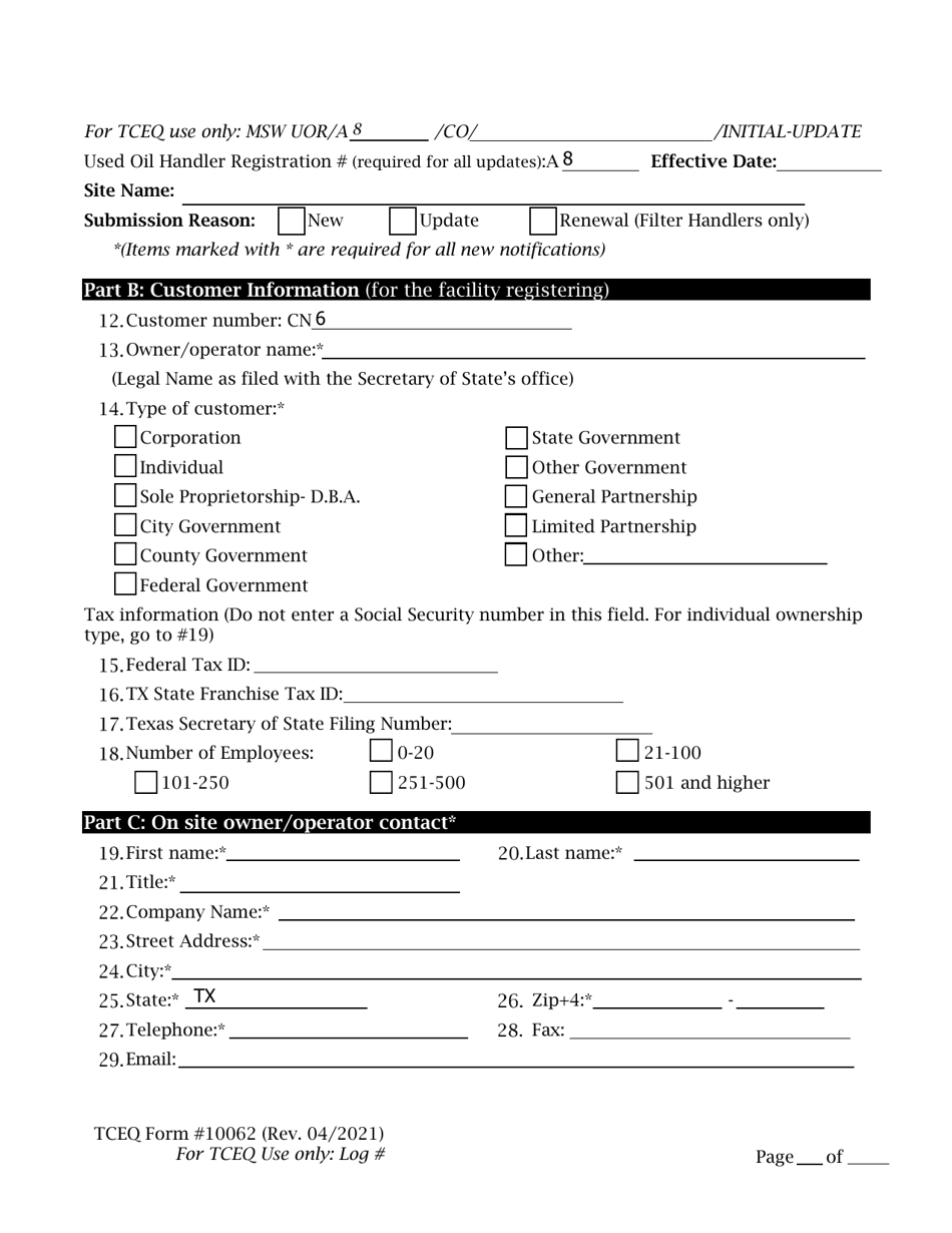 Form TCEQ-10062 Registration for Used Oil Handlers and / or Used Oil Filter Handlers - Texas, Page 2