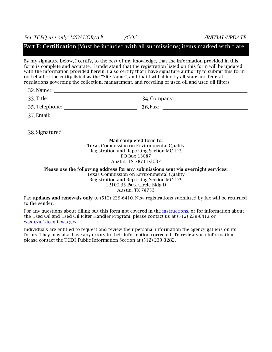 Form TCEQ-10062 Registration for Used Oil Handlers and / or Used Oil Filter Handlers - Texas, Page 4