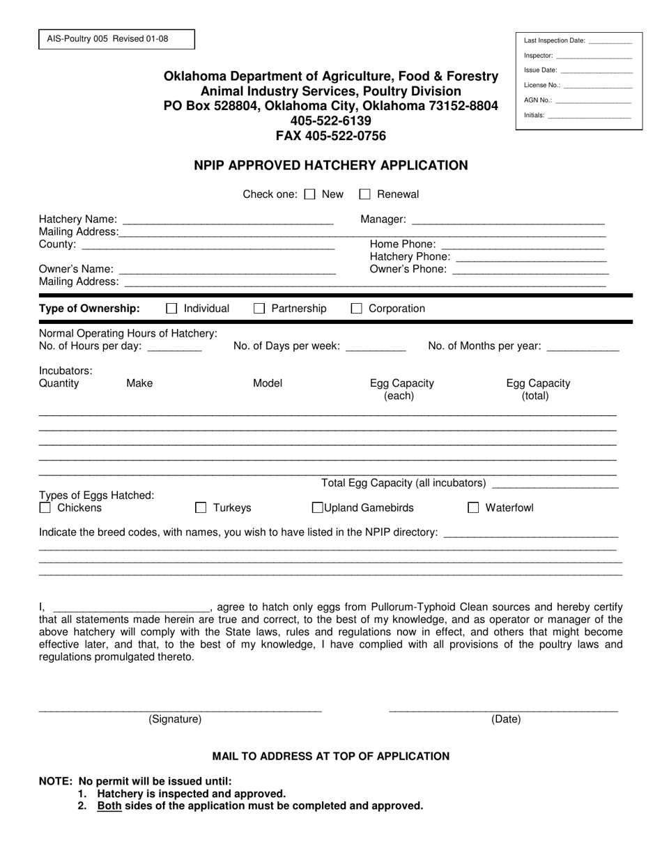 Form AIS-Poultry005 Npip Approved Hatchery Application - Oklahoma, Page 1