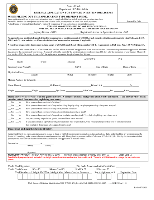 Renewal Application for Private Investigator License - Utah Download Pdf