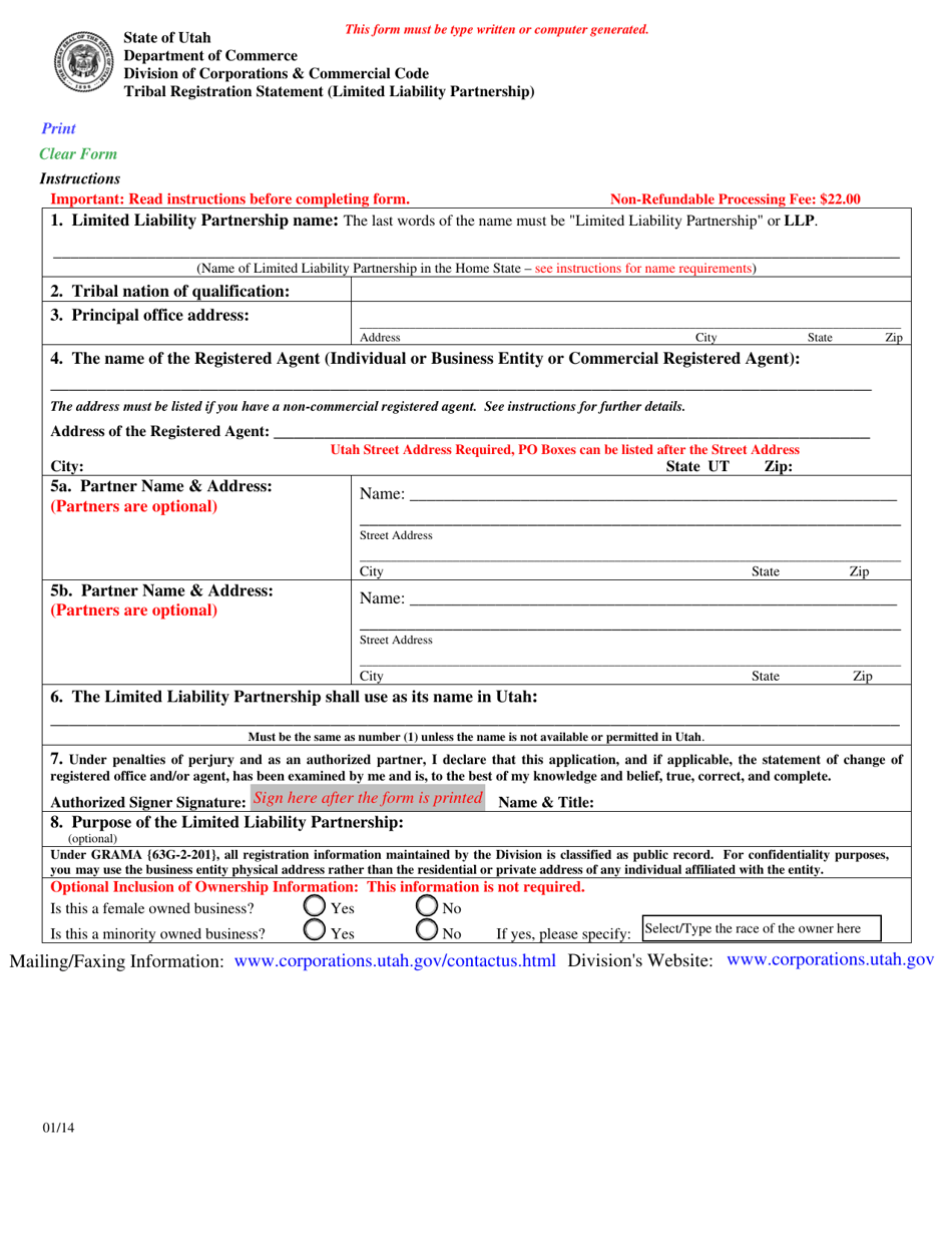 Tribal Registration Statement (Limited Liability Partnership) - Utah, Page 1