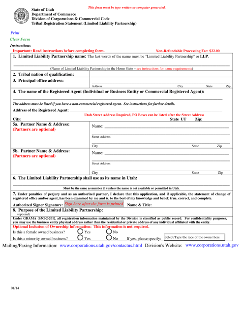 Tribal Registration Statement (Limited Liability Partnership) - Utah Download Pdf