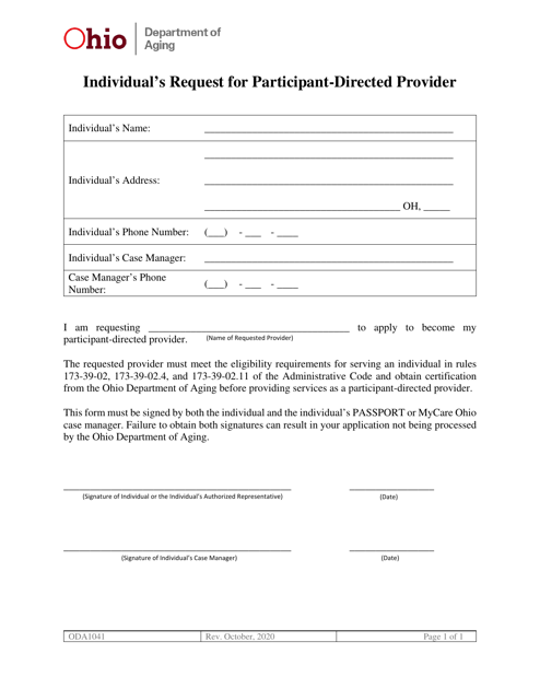 Form ODA1041 Individual's Request for Participant-Directed Provider - Ohio