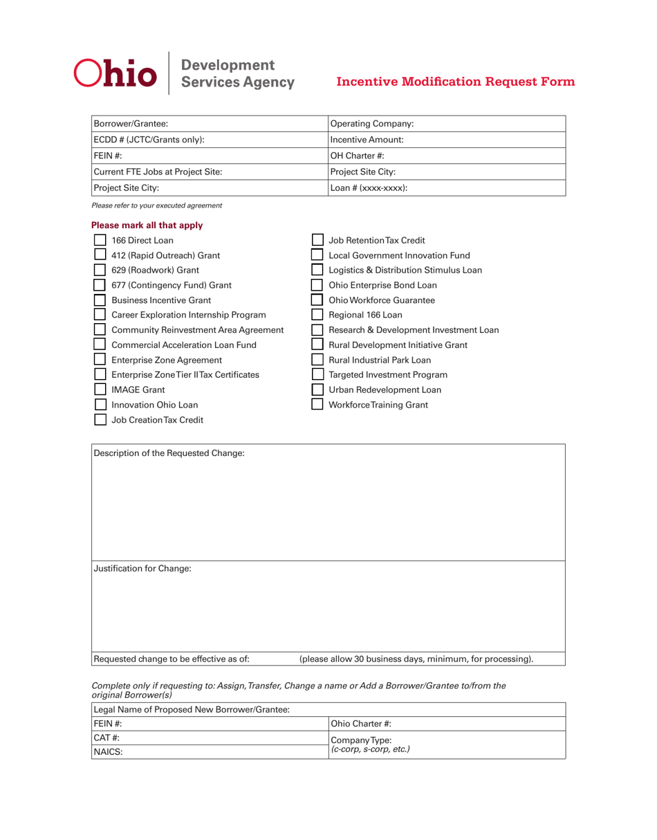 Incentive Modification Request Form - Ohio, Page 1