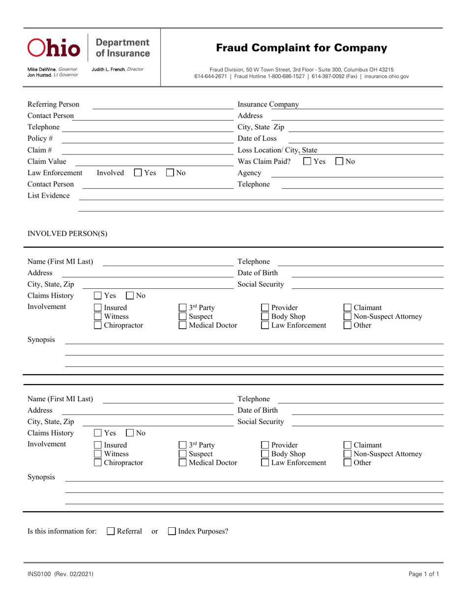 Form INS0100 Fraud Complaint for Company - Ohio, Page 1