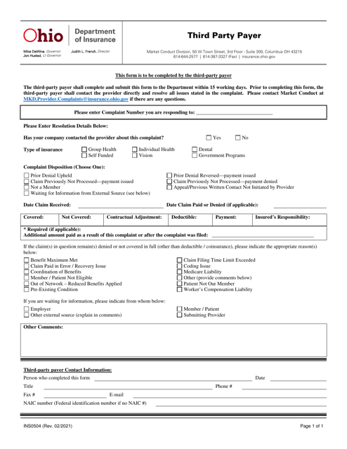 Form INS0504 Third Party Payer - Ohio