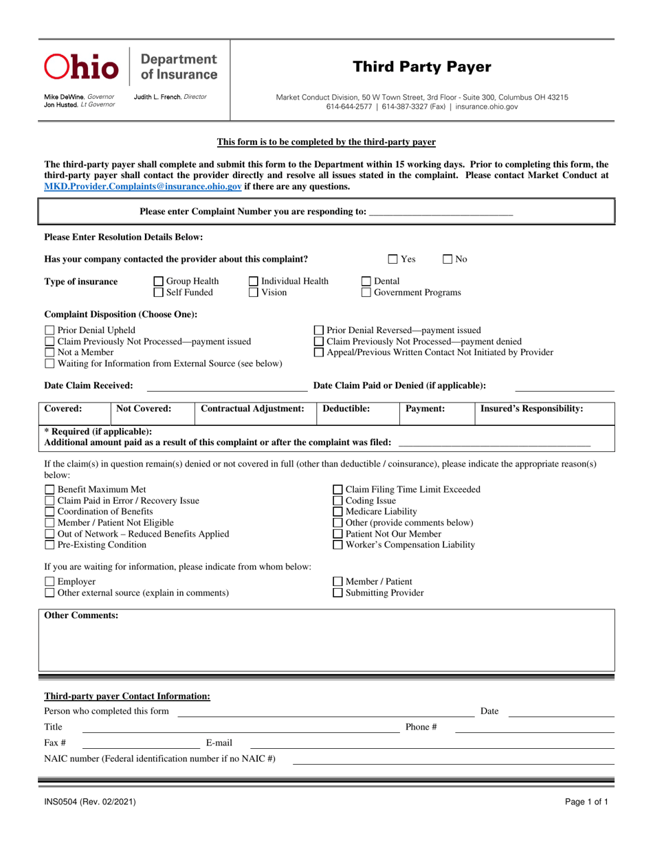Form INS0504 Third Party Payer - Ohio, Page 1