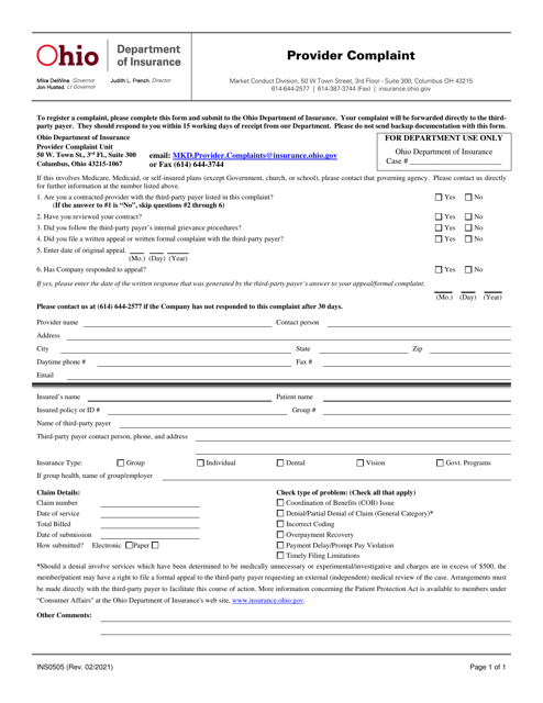 Form INS0505 Provider Complaint - Ohio