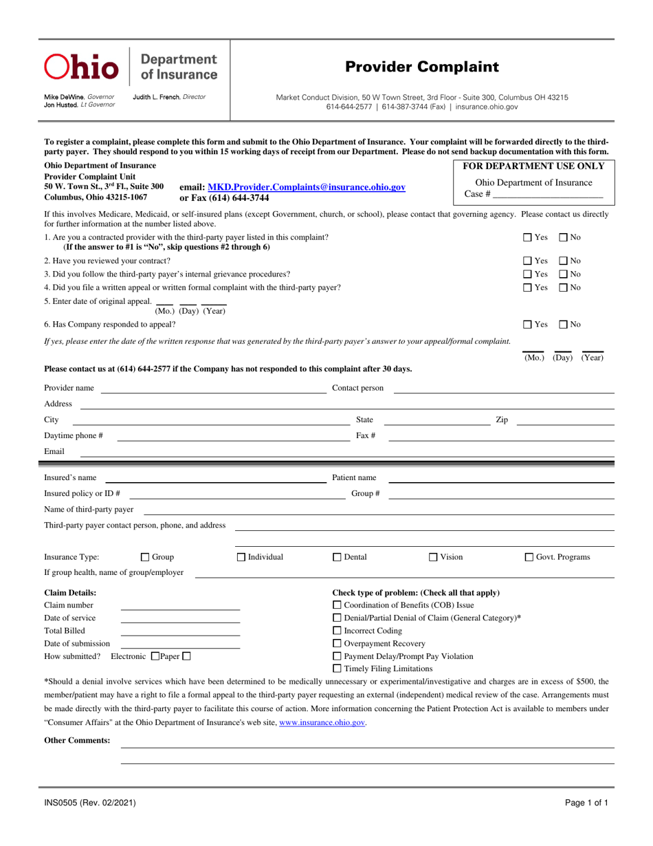 Form INS0505 Download Fillable PDF or Fill Online Provider Complaint ...