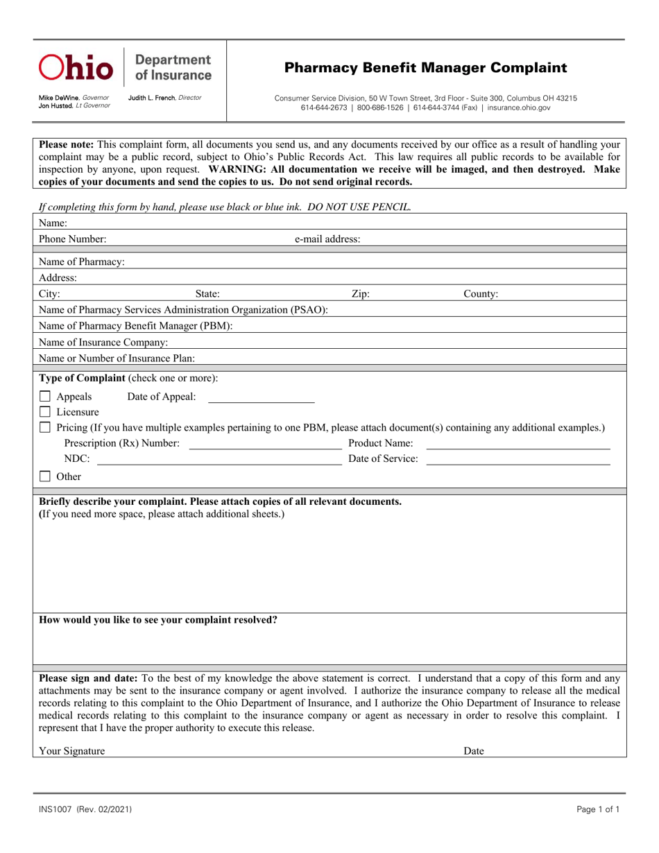 Form INS1007 Pharmacy Benefit Manager Complaint - Ohio, Page 1
