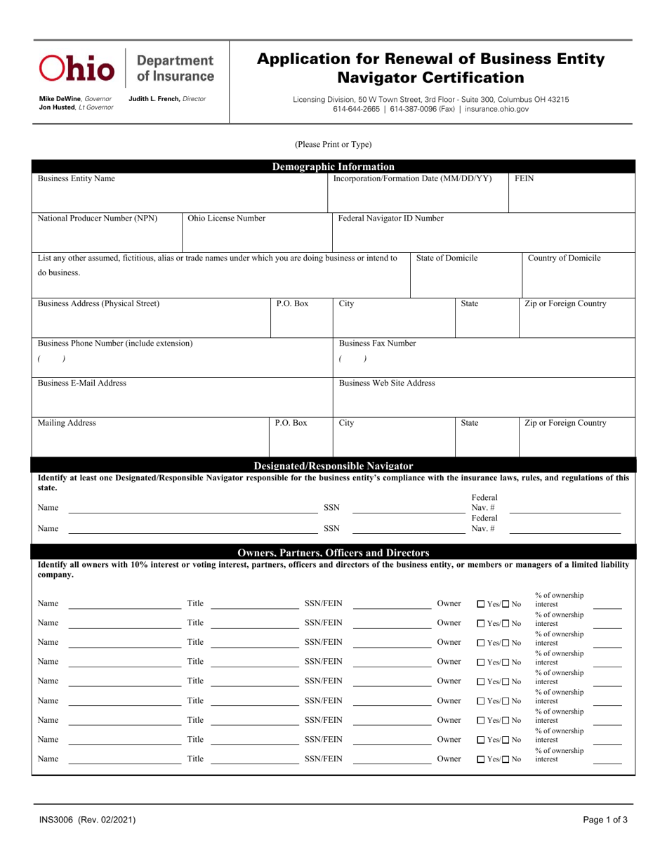 Form INS3006 Application for Renewal of Business Entity Navigator Certification - Ohio, Page 1