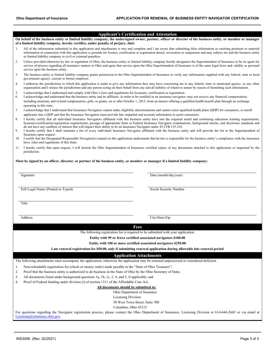 Form INS3006 Application for Renewal of Business Entity Navigator Certification - Ohio, Page 3