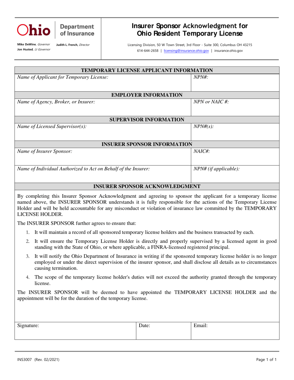 Form INS3007 Insurer Sponsor Acknowledgment for Ohio Resident Temporary License - Ohio, Page 1