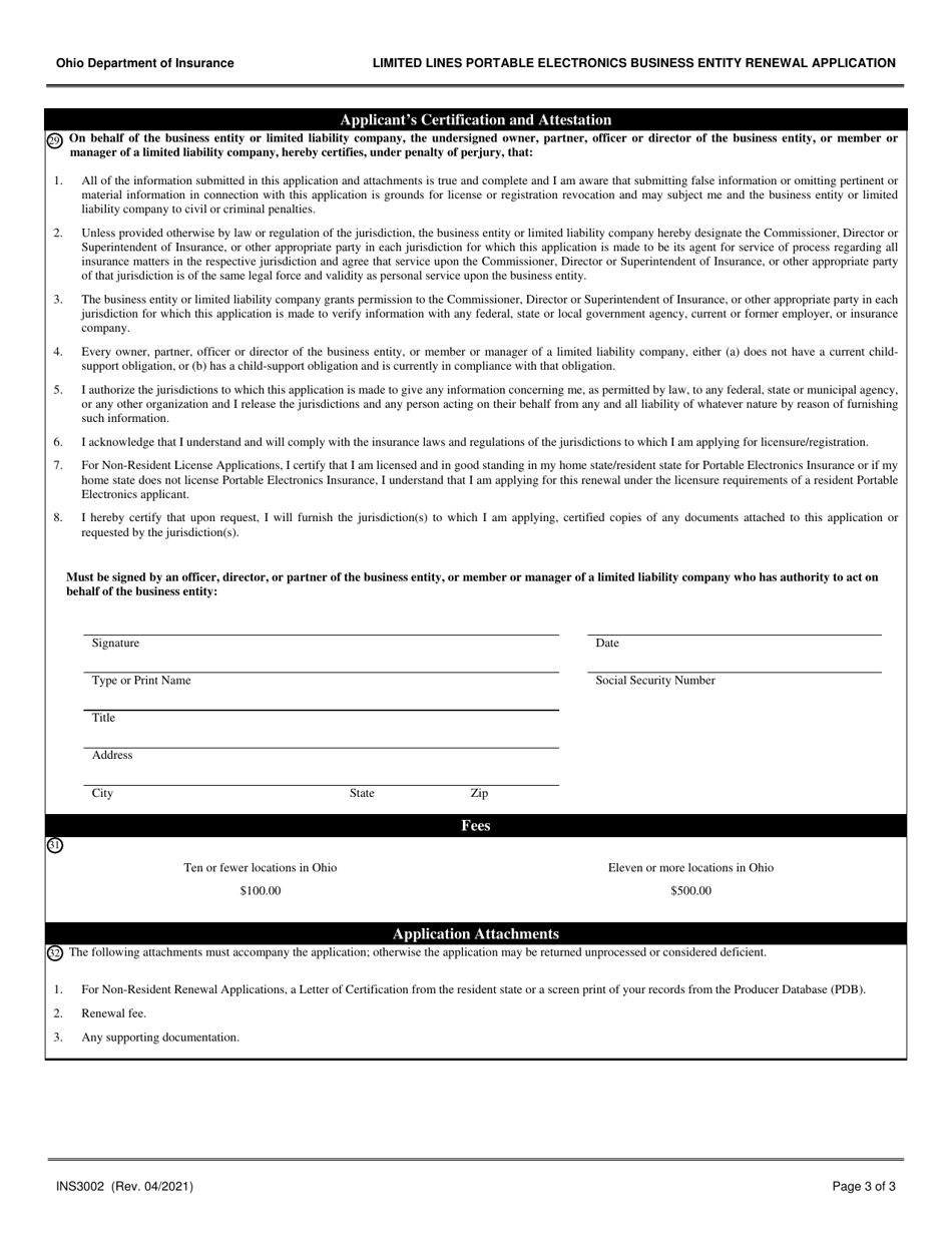 Form INS3002 Limited Lines Portable Electronics Business Entity Renewal Application - Ohio, Page 3