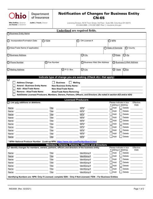 Form INS3008 (CN-65) Notification of Changes for Business Entity - Ohio