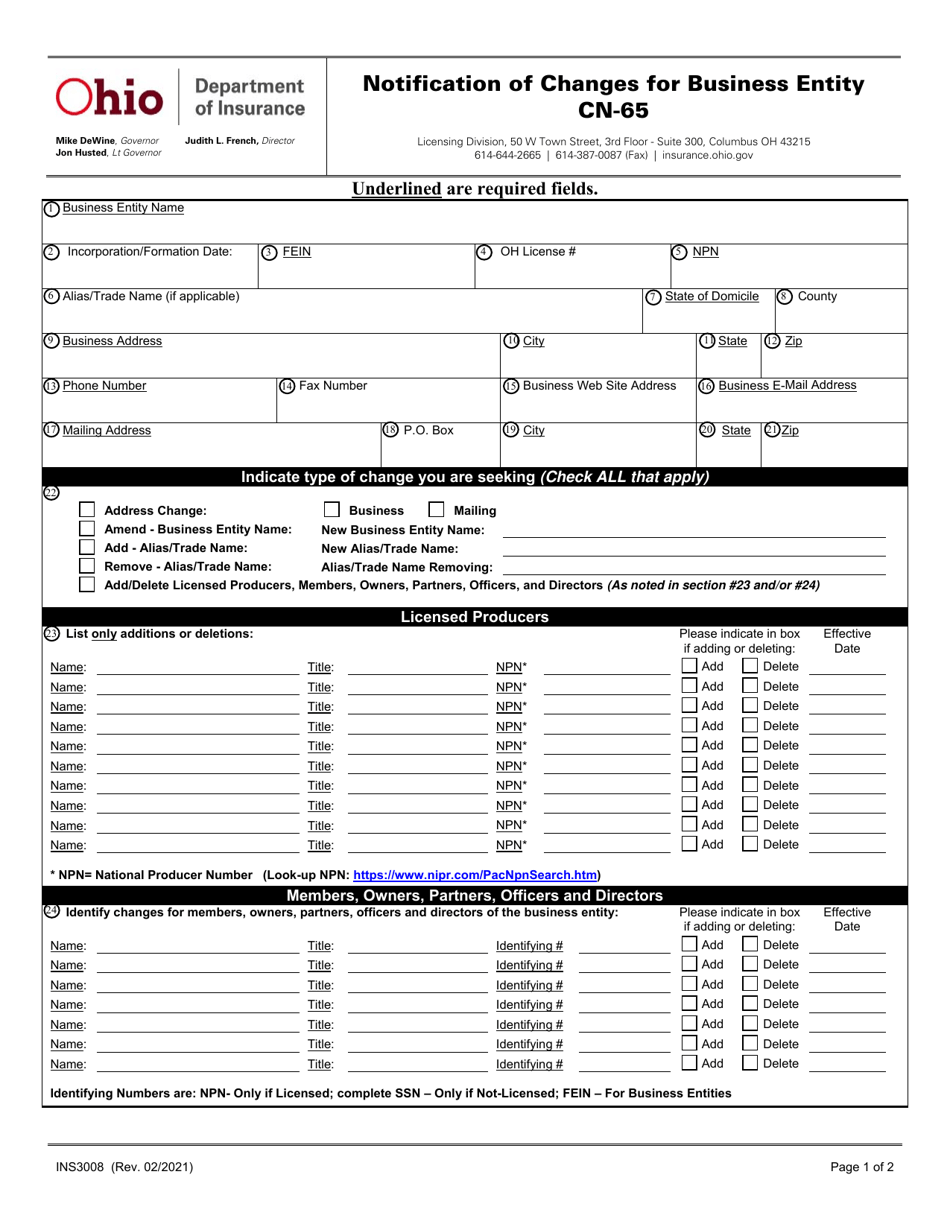 Form INS3008 (CN-65) Notification of Changes for Business Entity - Ohio, Page 1