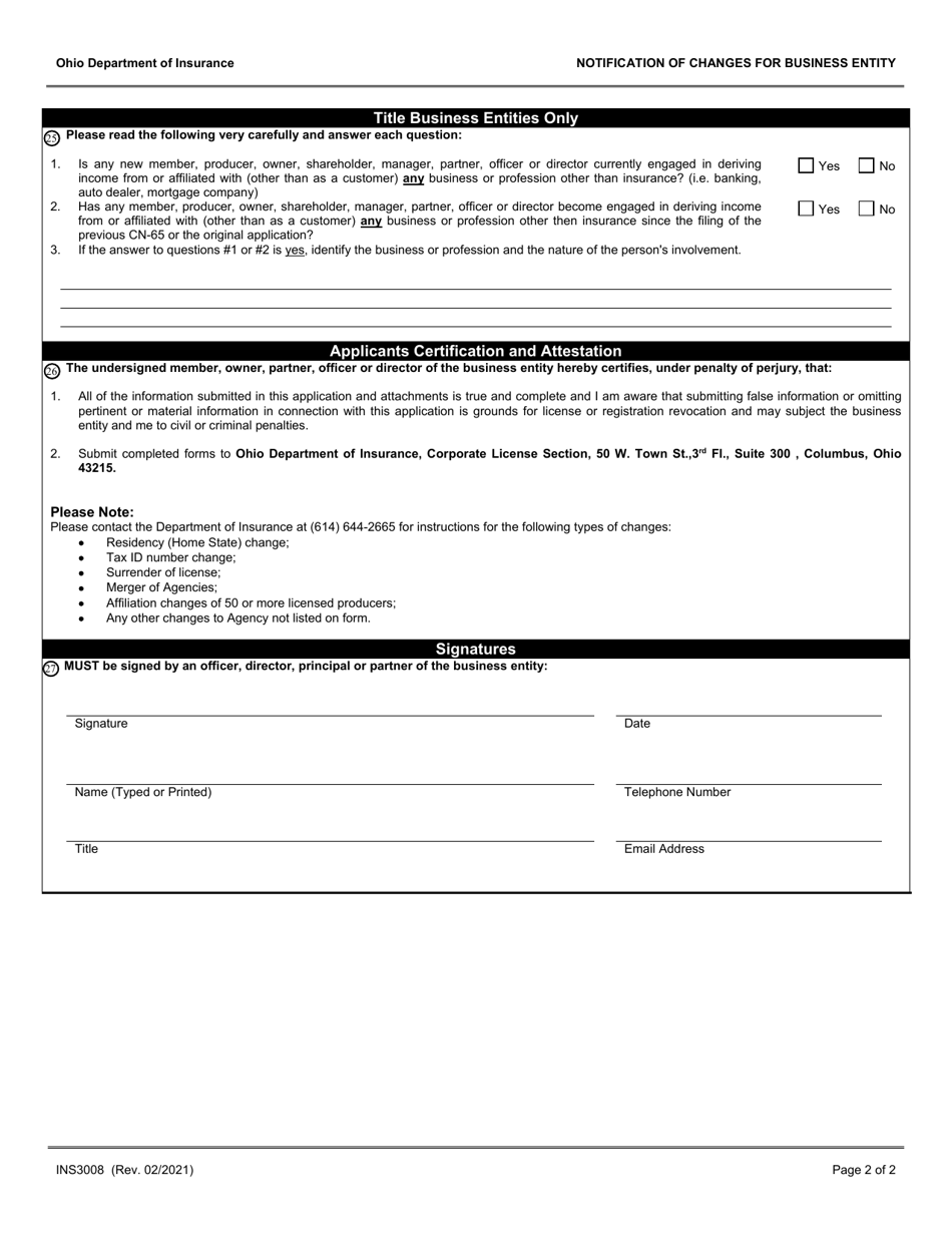 Form INS3008 (CN-65) Notification of Changes for Business Entity - Ohio, Page 2
