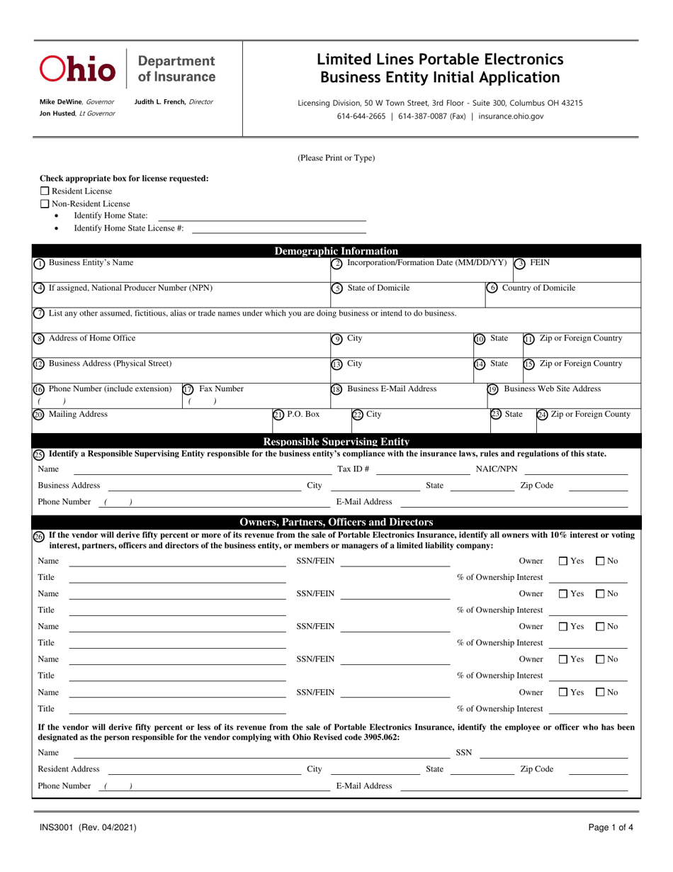 Form INS3001 Limited Lines Portable Electronics Business Entity Initial Application - Ohio, Page 1