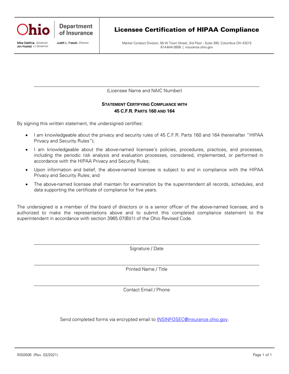Form INS0506 Licensee Certification of HIPAA Compliance - Ohio, Page 1