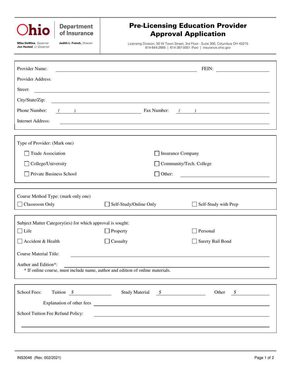 Form INS3048 Pre-licensing Education Provider Approval Application - Ohio, Page 1