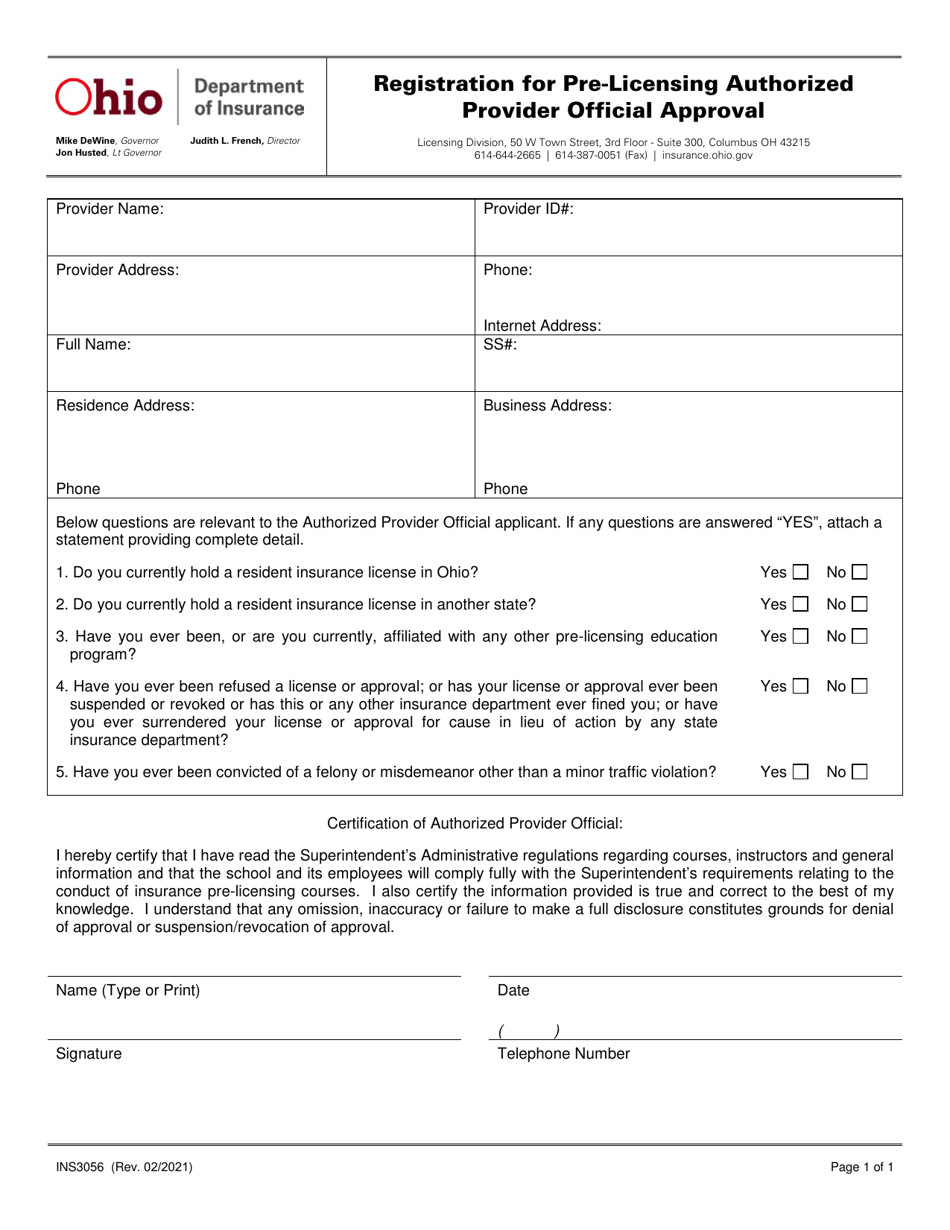 Form INS3056 Registration for Pre-licensing Authorized Provider Official Approval - Ohio, Page 1