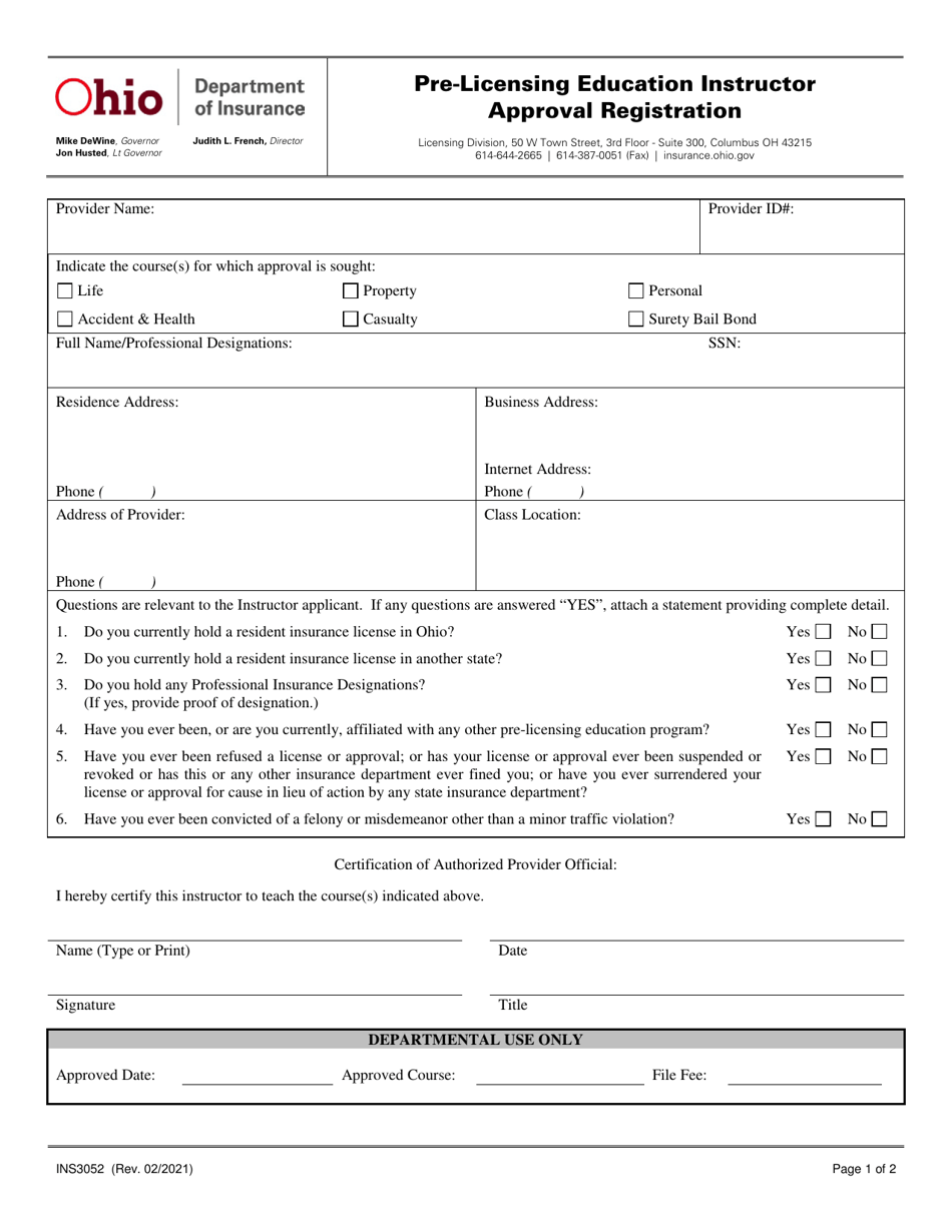 Form INS3052 Pre-licensing Education Instructor Approval Registration - Ohio, Page 1