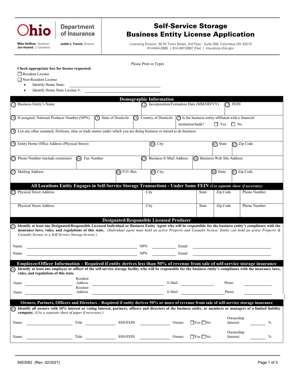 Form INS3062 Self-service Storage Business Entity License Application - Ohio, Page 1