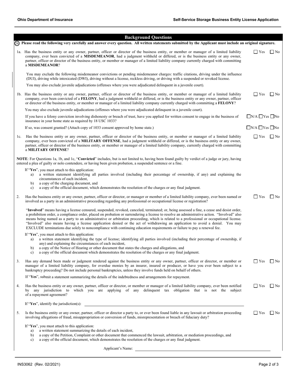 Form INS3062 Self-service Storage Business Entity License Application - Ohio, Page 2