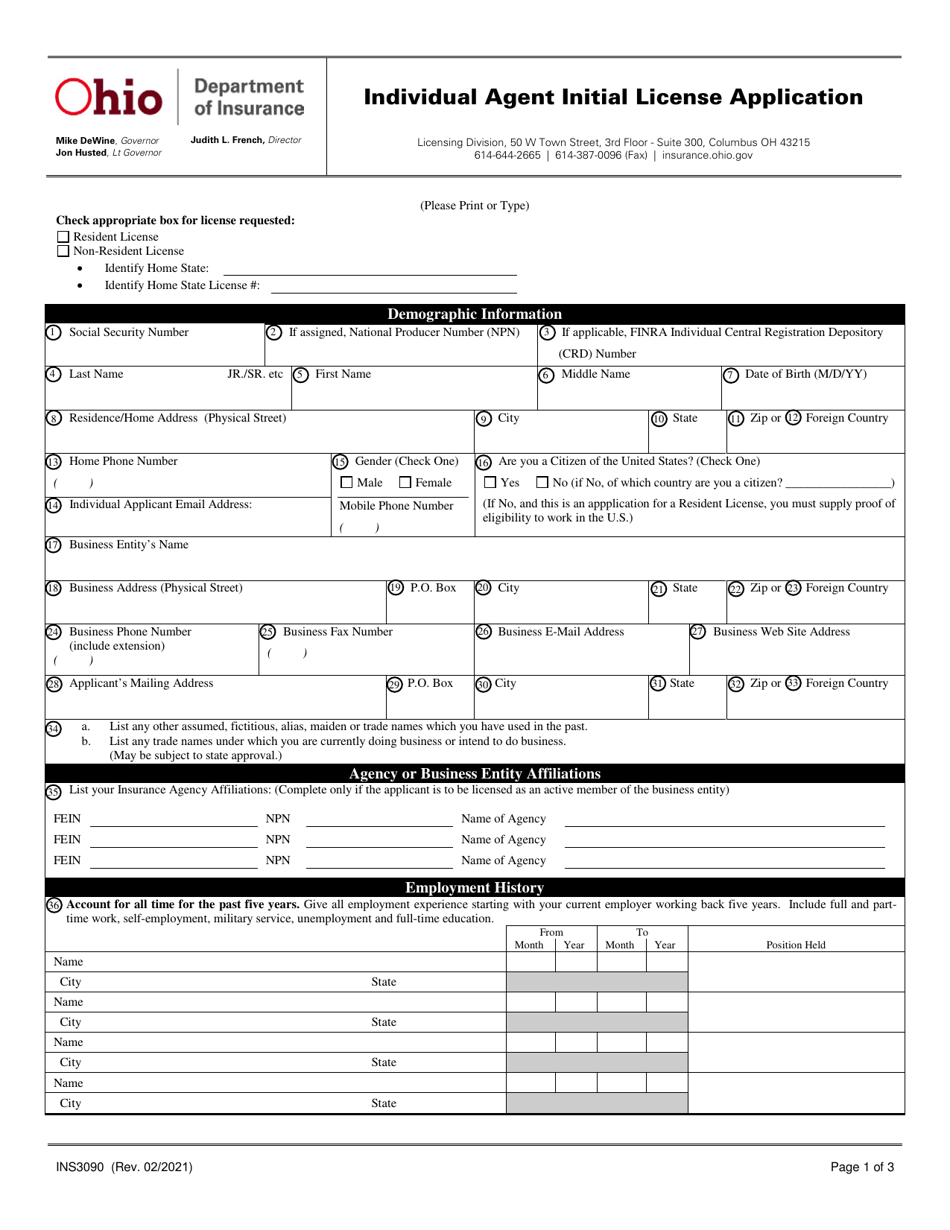 Form INS3090 Individual Agent Initial License Application - Ohio, Page 1