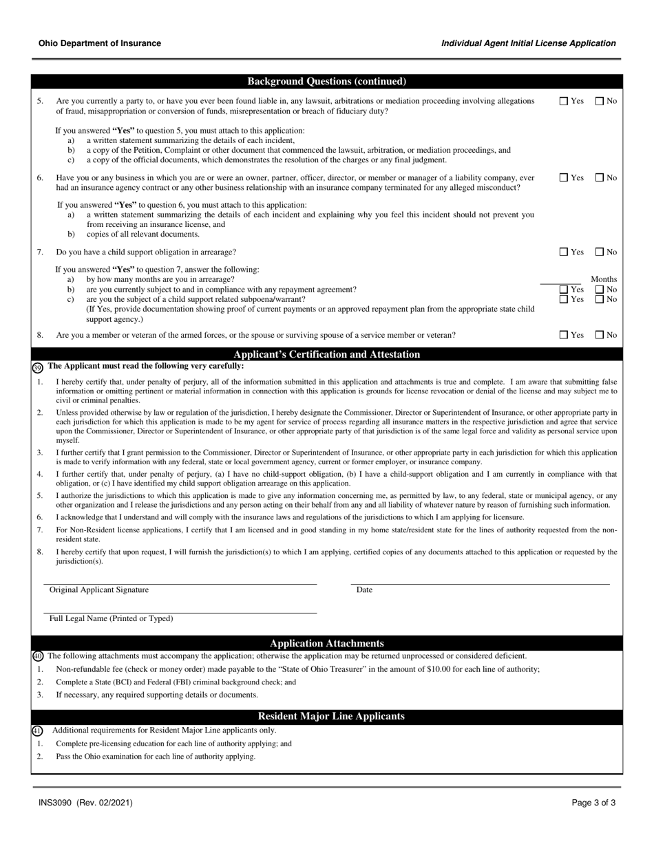 Form INS3090 Individual Agent Initial License Application - Ohio, Page 3