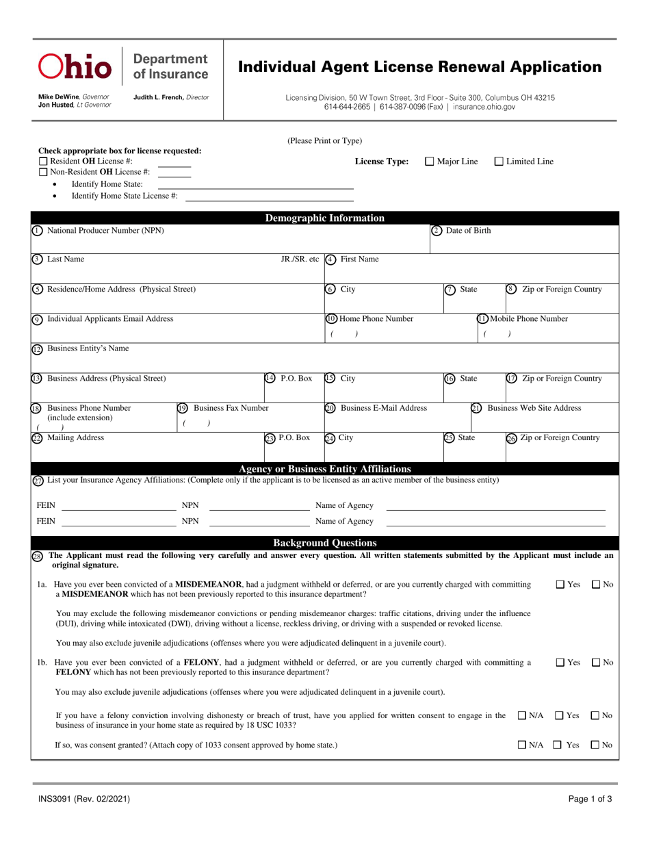Form INS3091 Download Fillable PDF or Fill Online Individual Agent