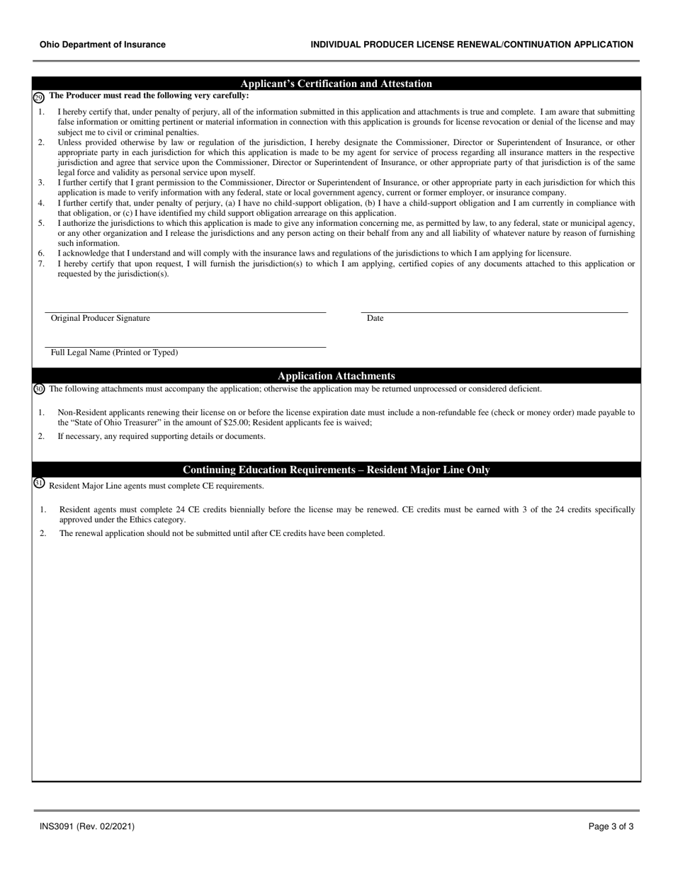Form INS3091 Individual Agent License Renewal Application - Ohio, Page 3