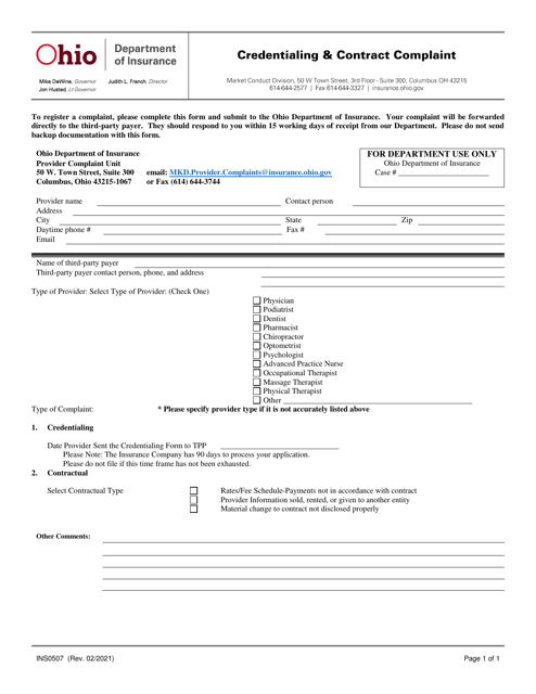Form INS0507 Credentialing and Contract Complaint Form - Ohio
