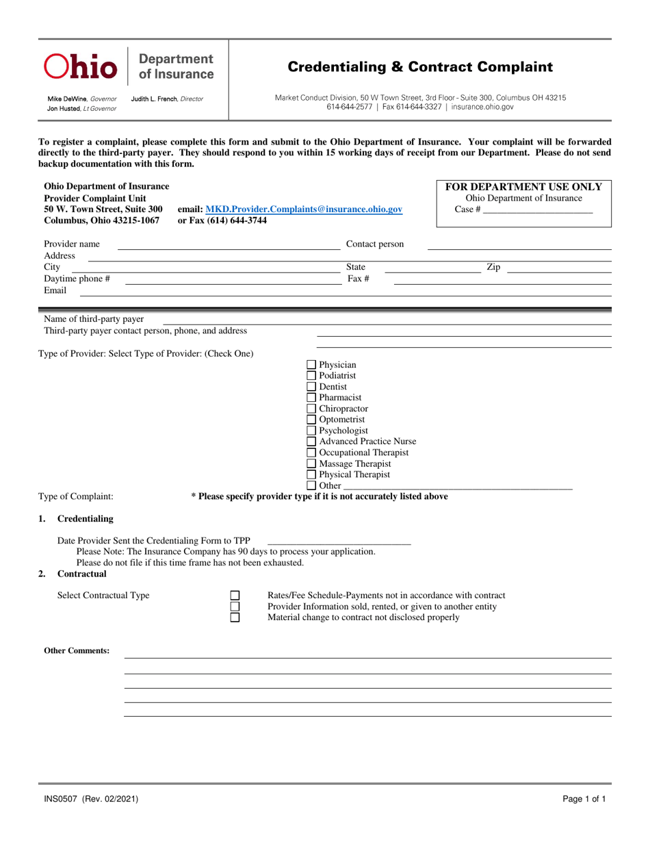 Form INS0507 Credentialing and Contract Complaint Form - Ohio, Page 1