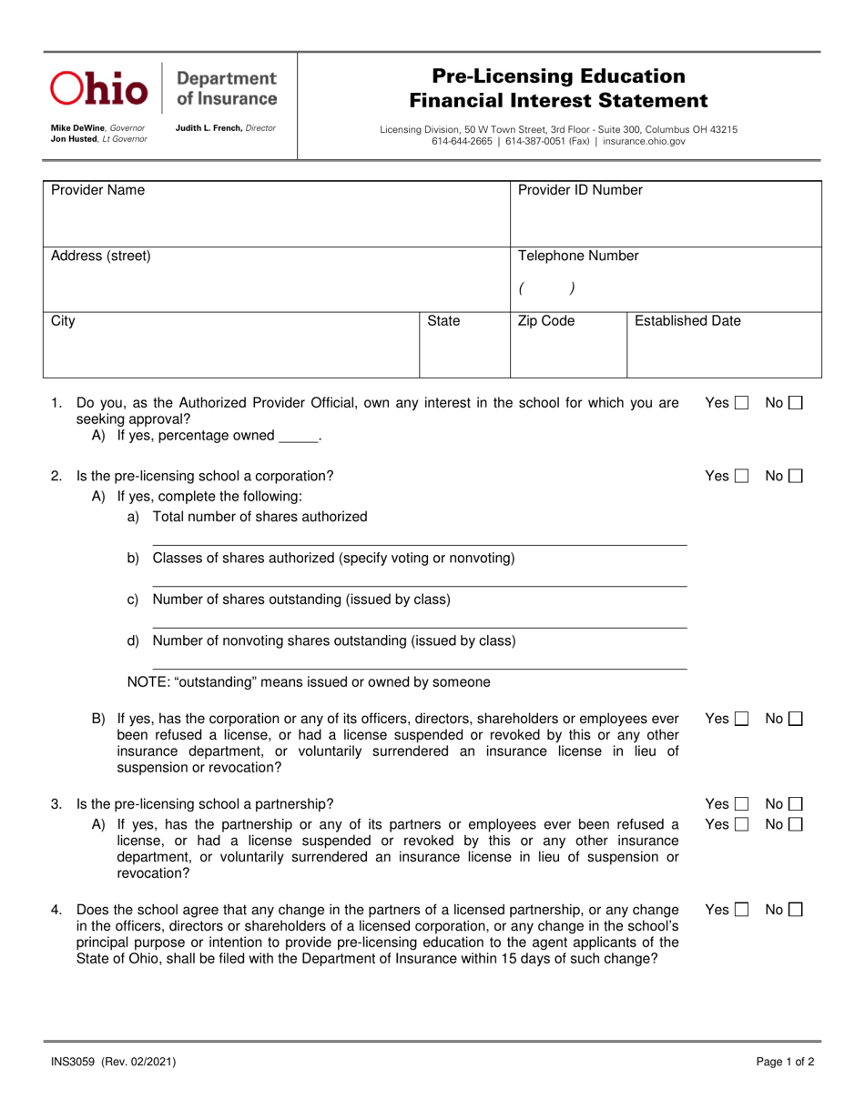 Form INS3059 Pre-licensing Education Financial Interest Statement - Ohio, Page 1