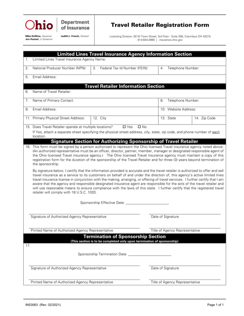 Form INS3063 Travel Retailer Registration Form - Ohio