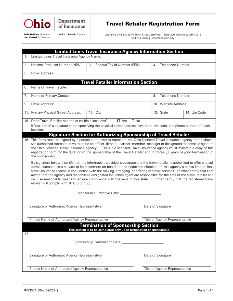 Form INS3063 Travel Retailer Registration Form - Ohio, Page 1