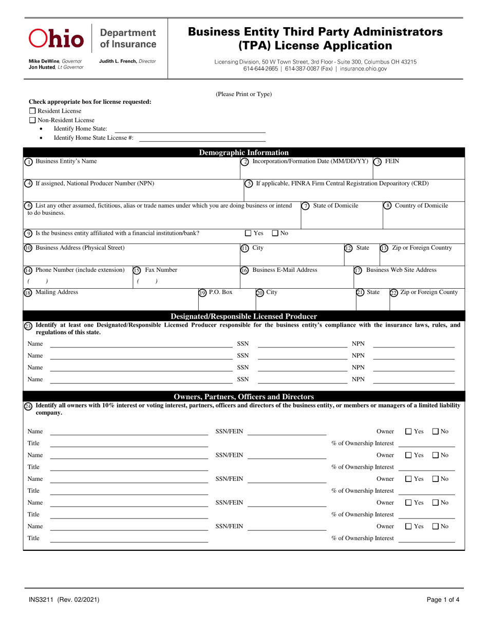 Form INS3211 Business Entity Third Party Administrators (Tpa) License Application - Ohio, Page 1