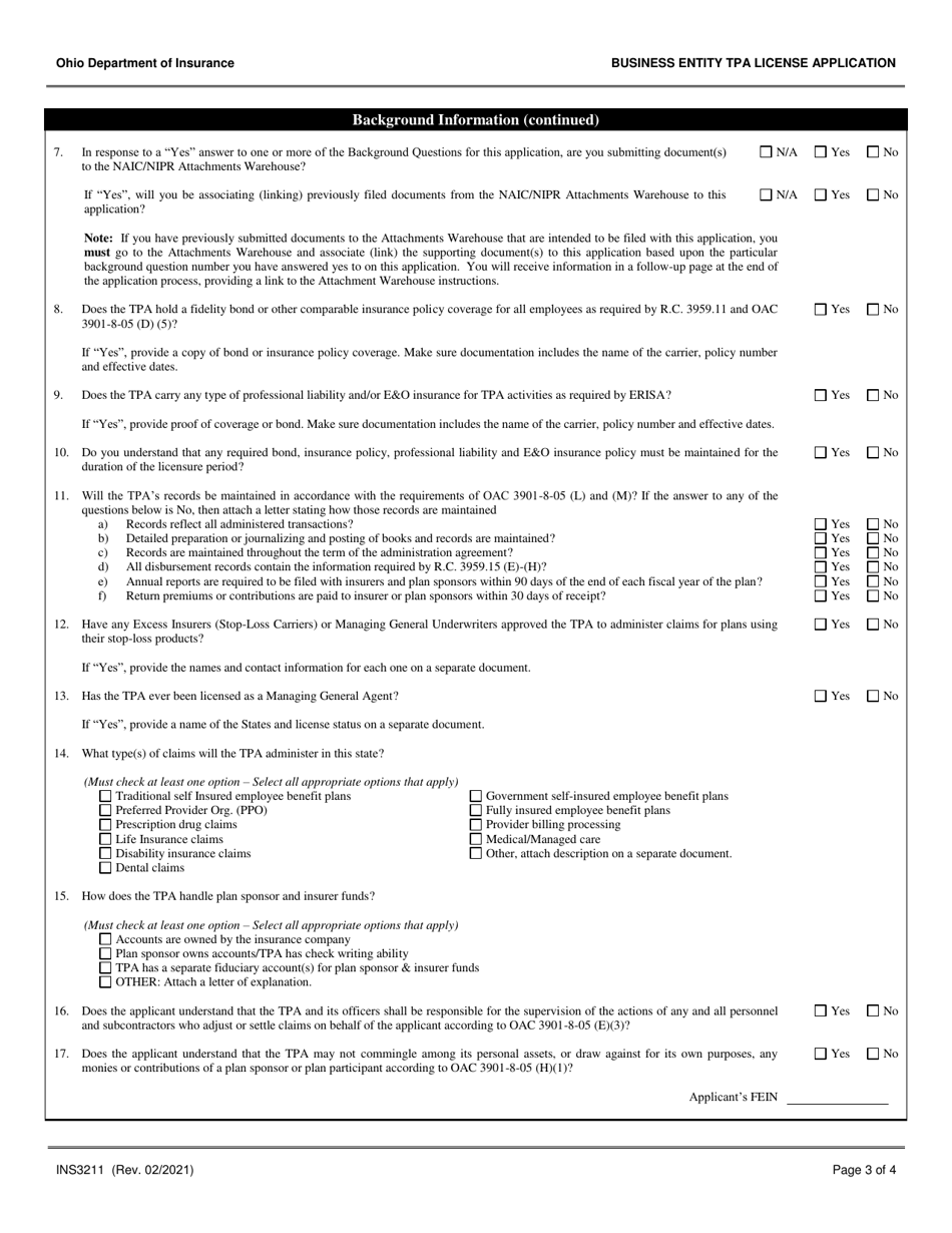 Form INS3211 Business Entity Third Party Administrators (Tpa) License Application - Ohio, Page 3