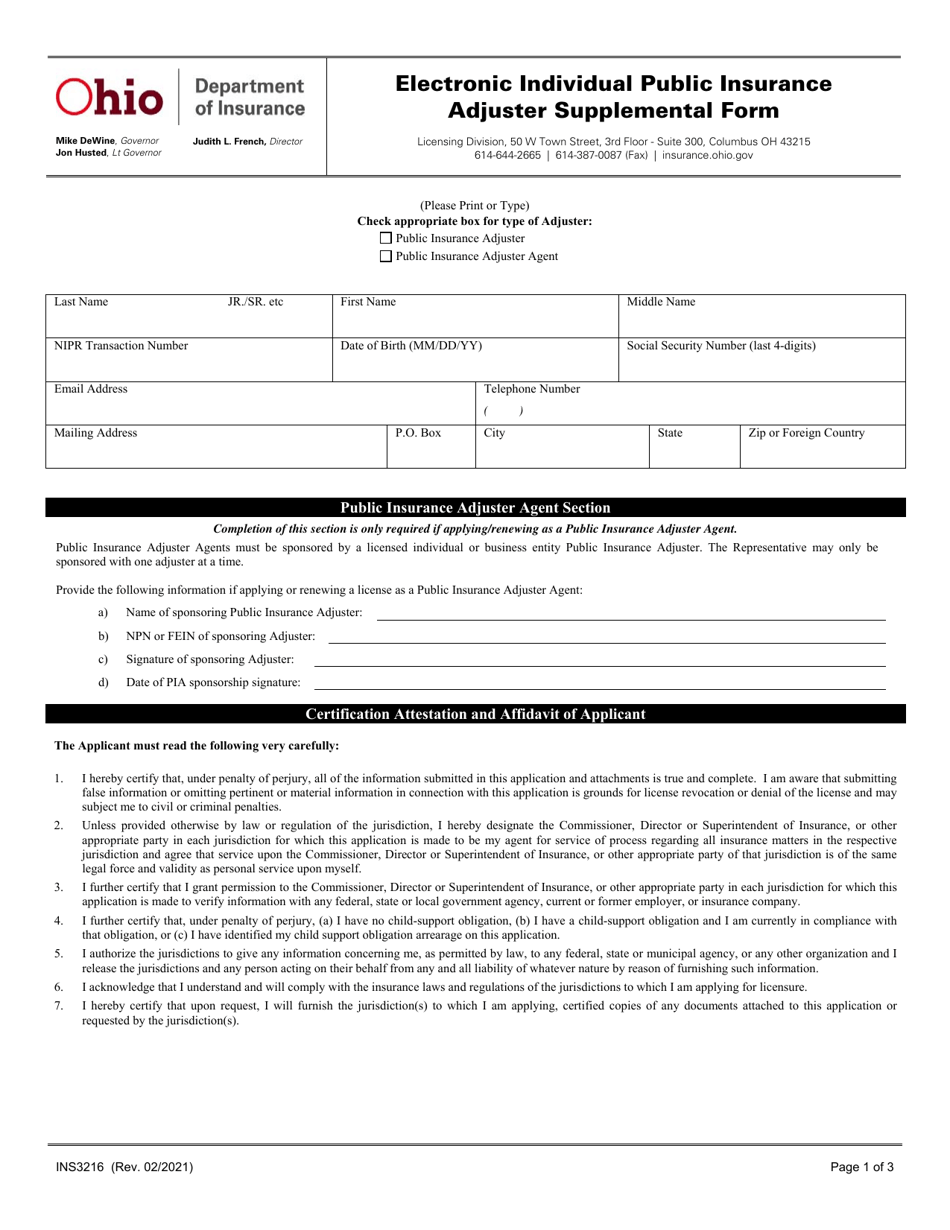 Form INS3216 Electronic Individual Public Insurance Adjuster Supplemental Form - Ohio, Page 1
