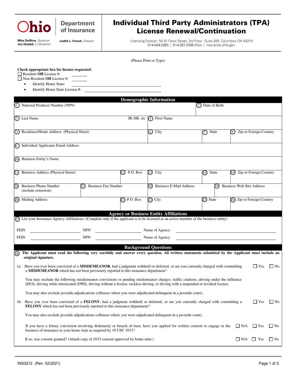 Form INS3212 Individual Third Party Administrators (Tpa) License Renewal / Continuation - Ohio, Page 1