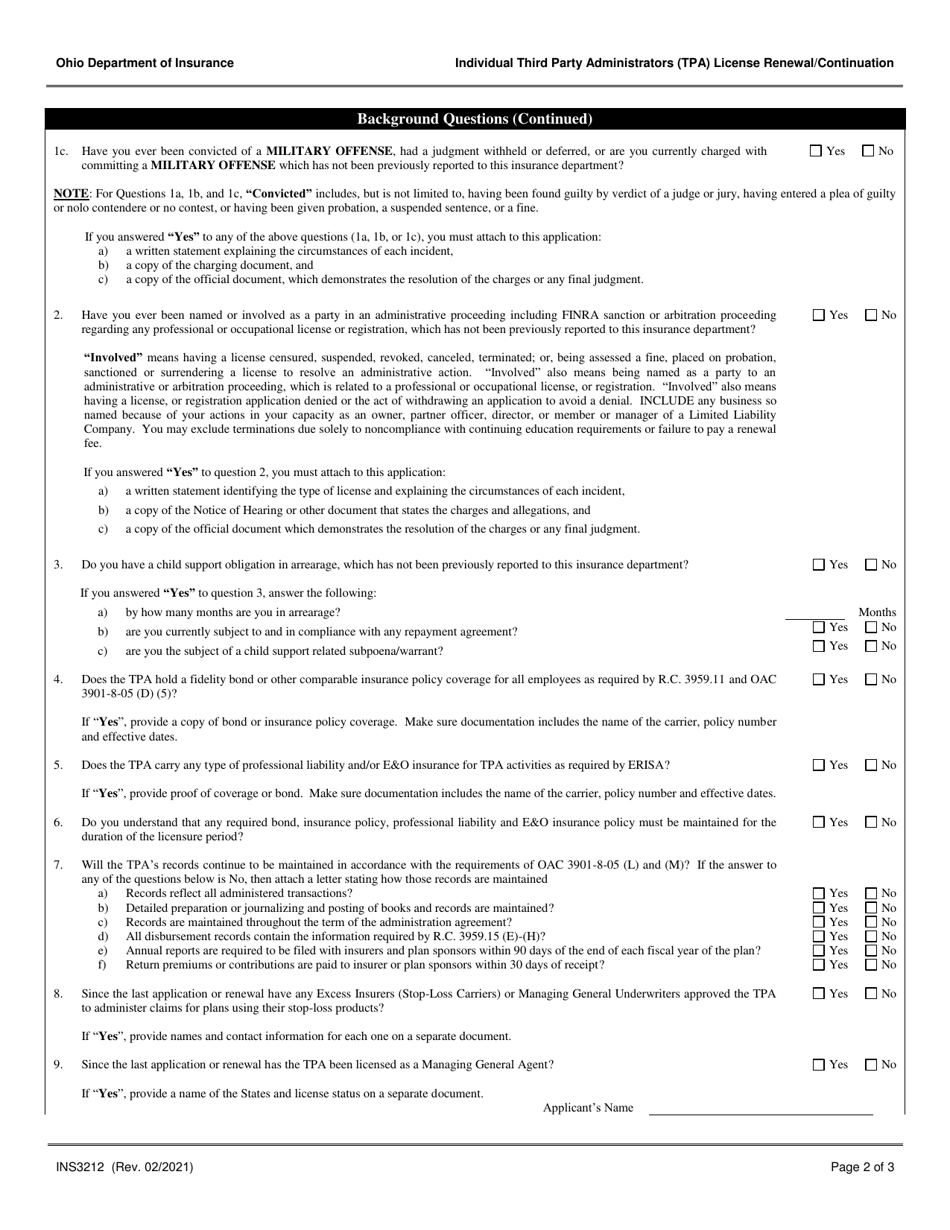 Form INS3212 Individual Third Party Administrators (Tpa) License Renewal / Continuation - Ohio, Page 2