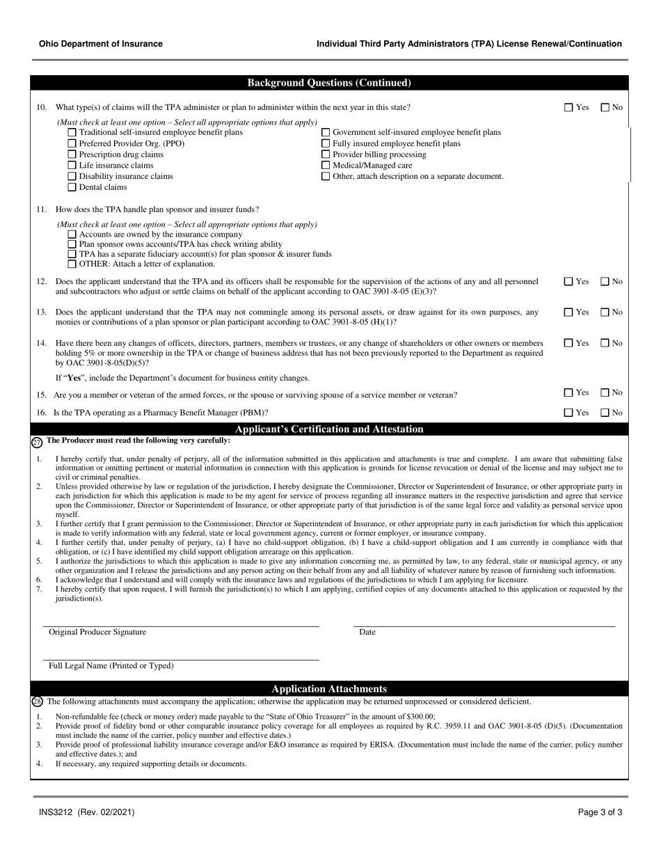 Form INS3212 Individual Third Party Administrators (Tpa) License Renewal / Continuation - Ohio, Page 3