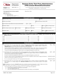 Form INS3213 &quot;Business Entity Third Party Administrators (Tpa) License Renewal/Continuation&quot; - Ohio