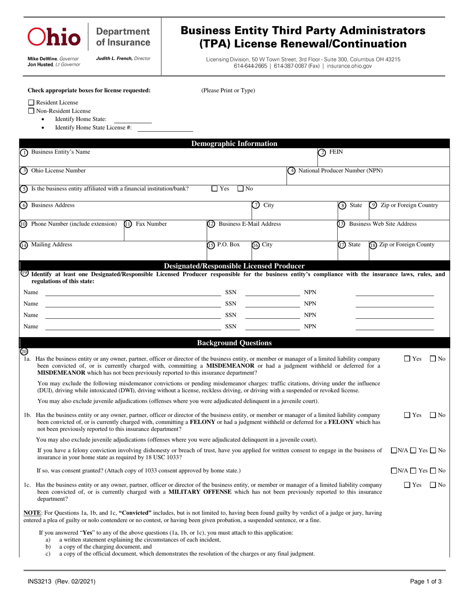 Form INS3213 - Fill Out, Sign Online and Download Fillable PDF, Ohio ...