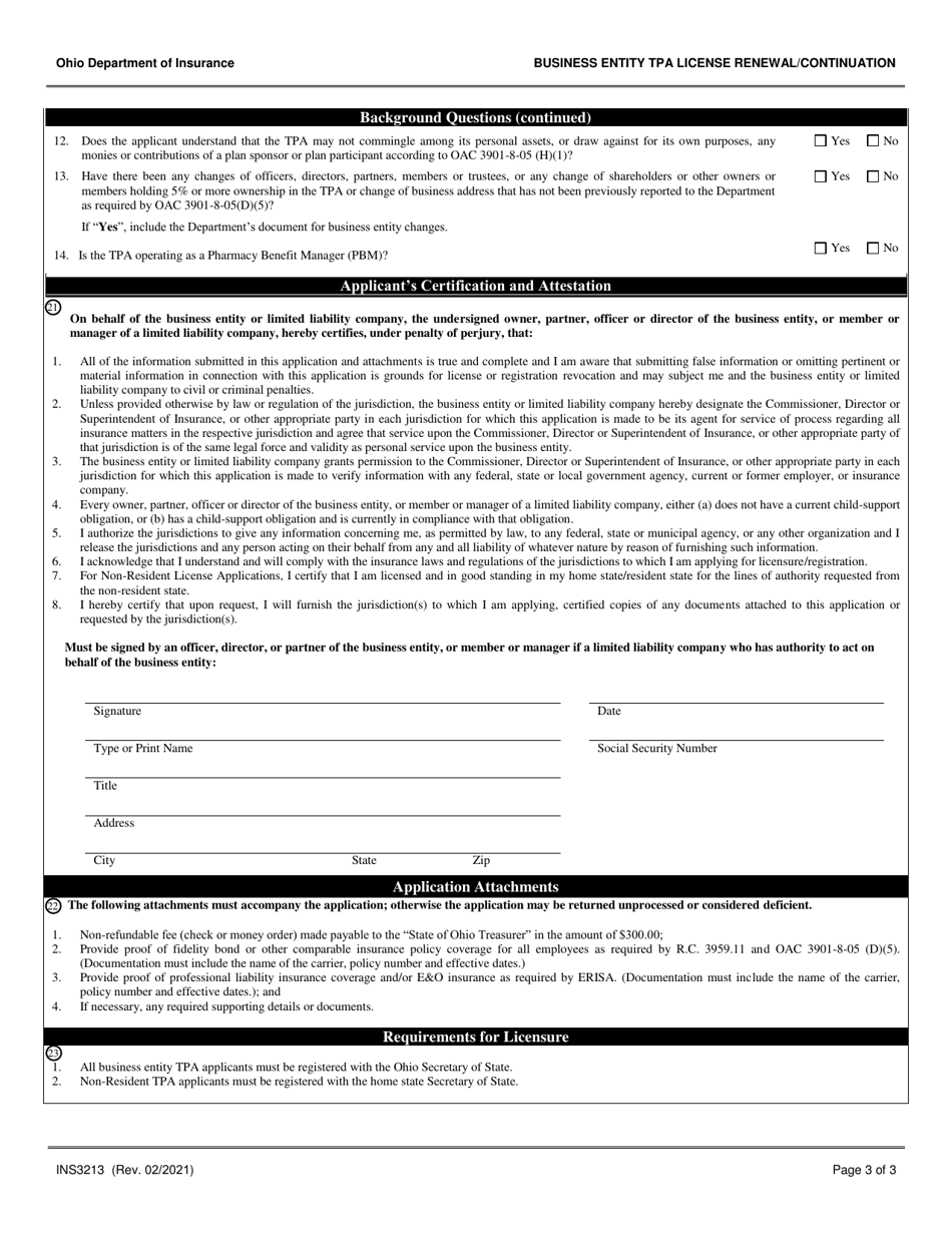 Form INS3213 Business Entity Third Party Administrators (Tpa) License Renewal / Continuation - Ohio, Page 3