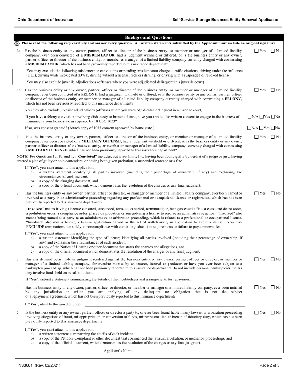 Form INS3061 Self-service Storage Business Entity Renewal Application - Ohio, Page 2