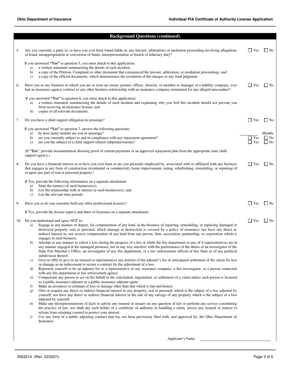 Form INS3214 Individual Public Insurance Adjuster Certificate of Authority License Application - Ohio, Page 3